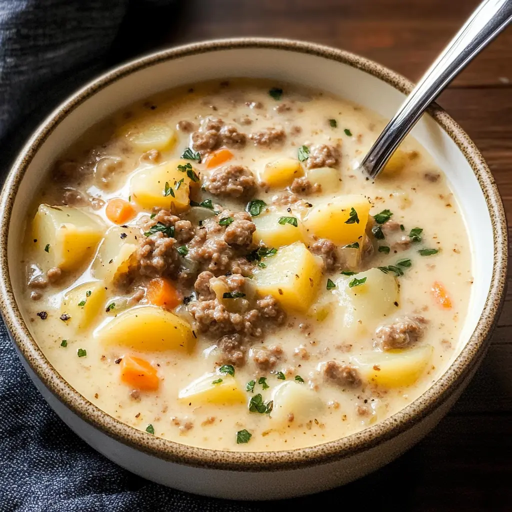 Cozy up with a bowl of this Creamy Potato & Hamburger Soup, perfect for chilly days! Made with hearty potatoes, flavorful ground beef, and a rich creamy broth, this dish is a family favorite. Quick to prepare and packed with comforting flavors, it’s ideal for weeknight dinners or gatherings. Save this recipe to enjoy a warm meal tonight!