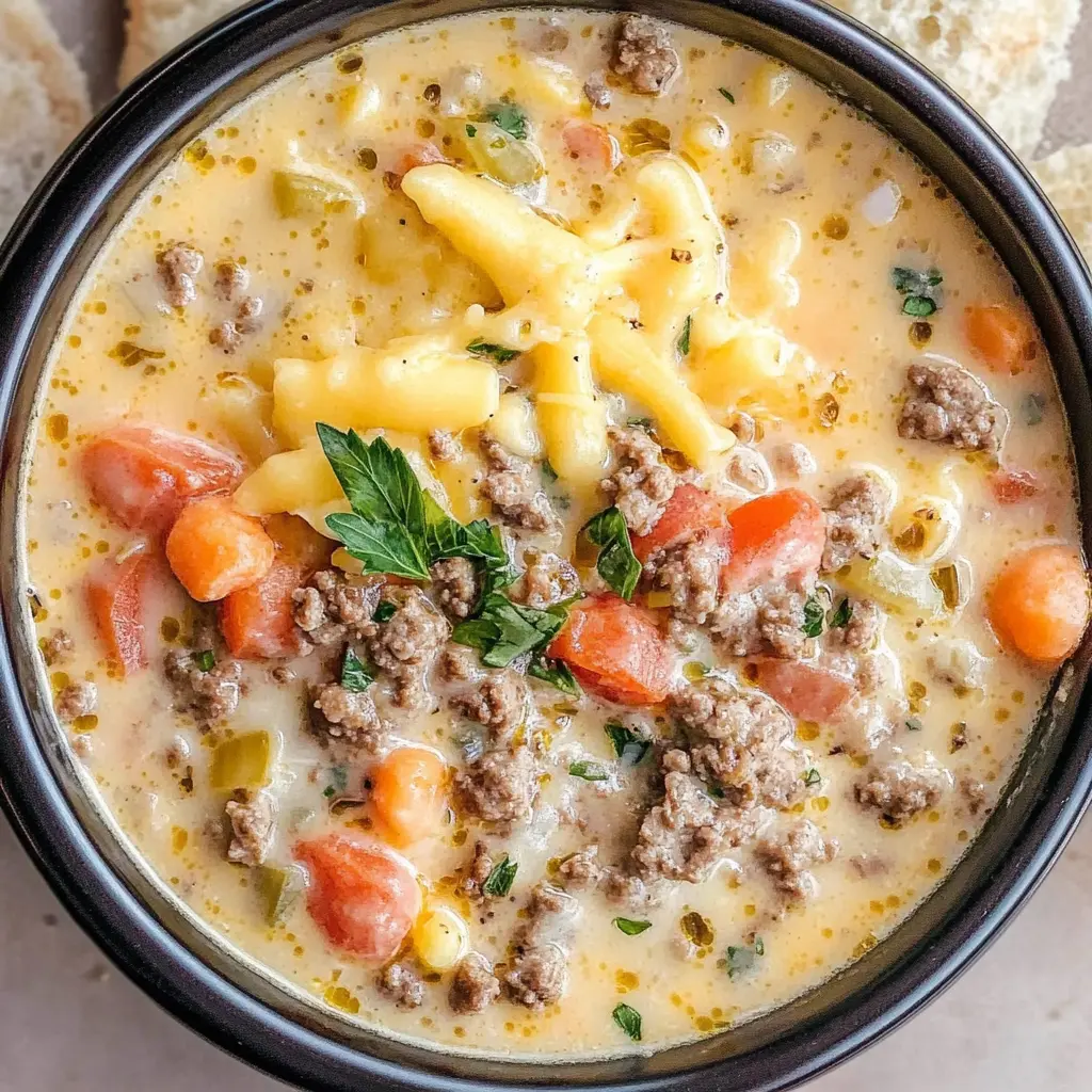 Warm up with a comforting bowl of Cheeseburger Soup! This creamy delight is packed with the classic flavors of a cheeseburger, featuring ground beef, rich cheese, and hearty vegetables. Perfect for chilly nights or family gatherings, it's easy to make and sure to please everyone. Save this recipe to enjoy a cozy meal anytime!