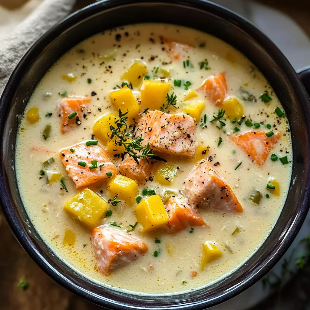 Warm up your kitchen with this hearty Salmon Chowder! Packed with tender salmon, creamy potatoes, and vibrant vegetables, it’s the perfect cozy meal for chilly nights. This easy recipe highlights fresh flavors and is great for family dinners or special gatherings. Save this delicious chowder recipe for your next cozy night in!