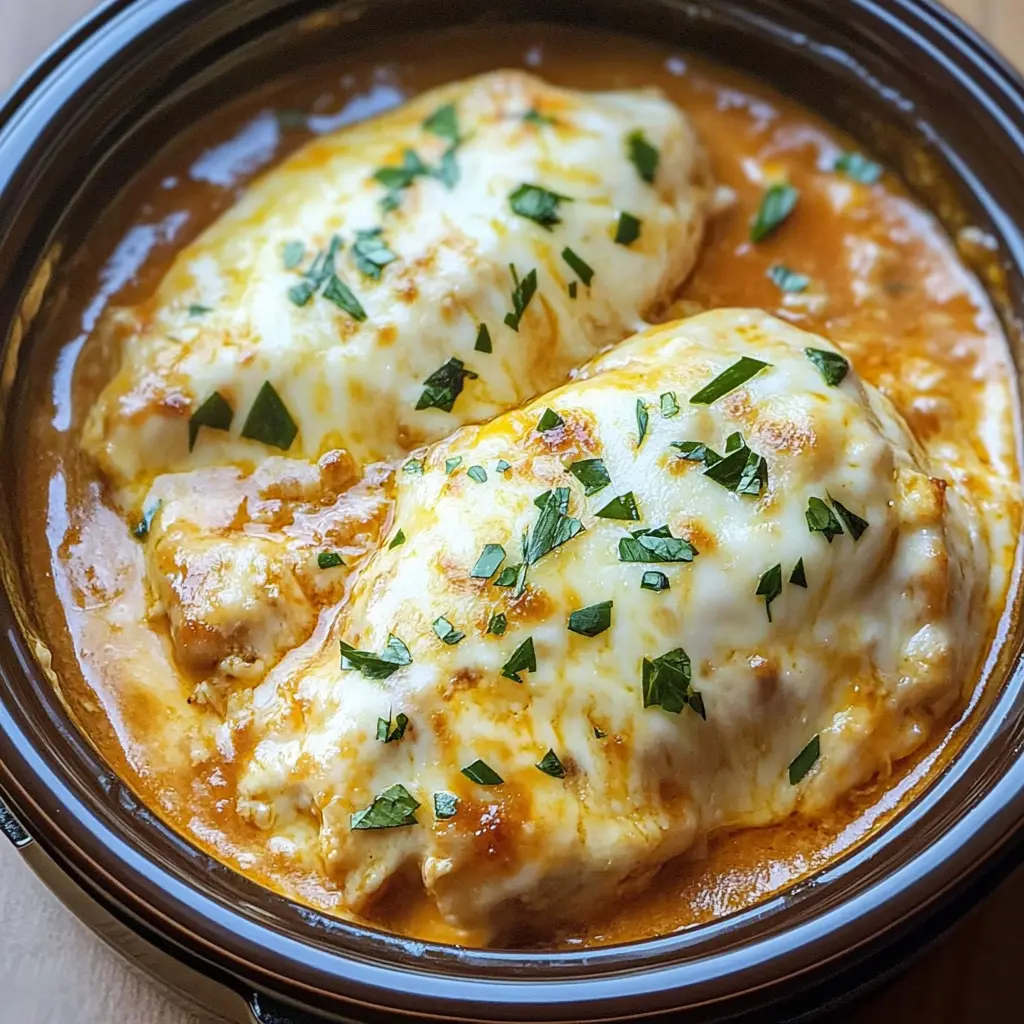 Transform your dinner with this slow cooker cheesy mozzarella chicken! Tender chicken smothered in gooey mozzarella cheese and flavored with Italian herbs creates the perfect weeknight meal. It's easy to prepare and great for busy evenings or family gatherings. Save this recipe for a delicious, comforting dish that everyone will love!