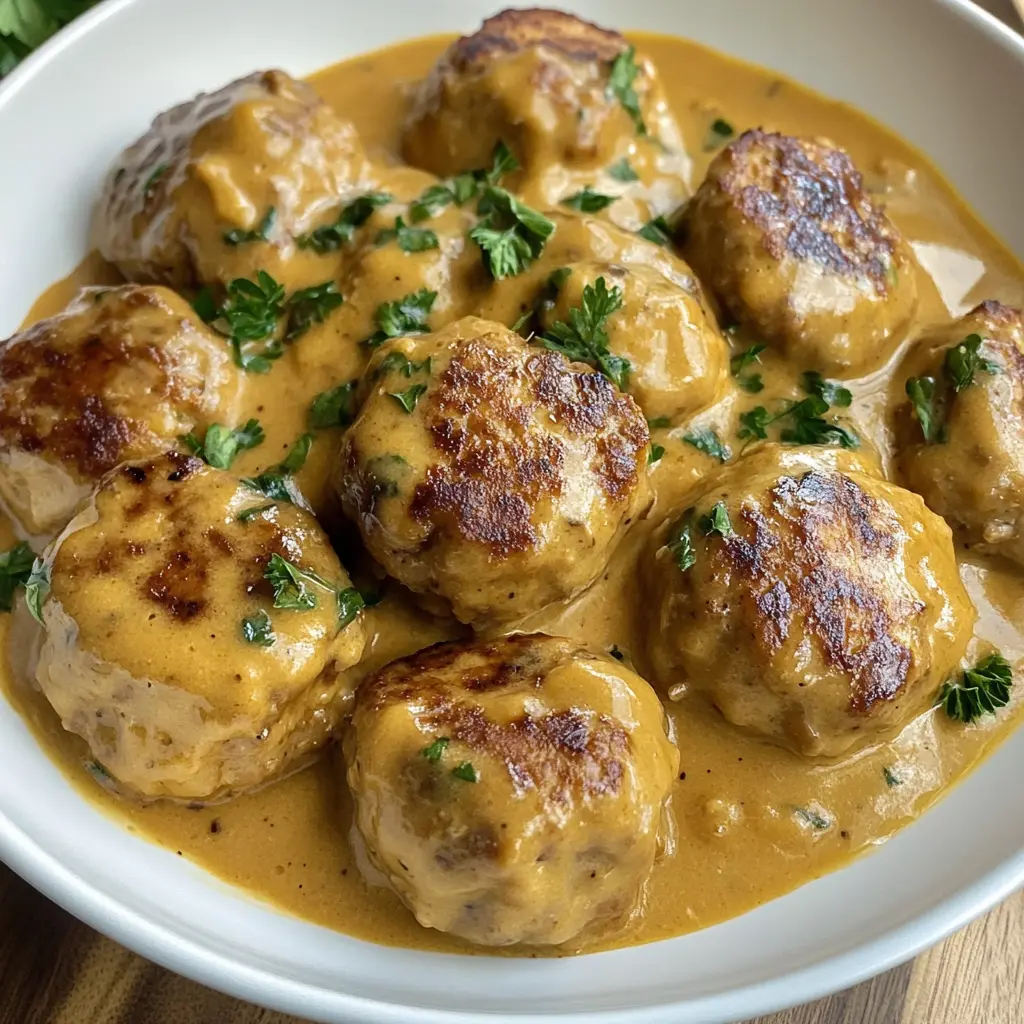 These easy Chicken Meatballs in a creamy sauce are sure to become a family favorite! Made with tender chicken and a rich, flavorful sauce, they pair perfectly with pasta or rice. Perfect for weeknight dinners or entertaining guests! Save this recipe to impress your loved ones at your next gathering!