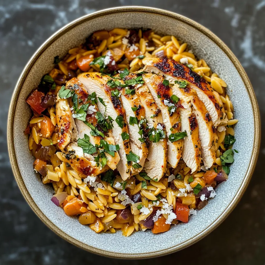 This Mediterranean Chicken with Orzo dish is a flavor-packed meal your family will love! It's made with juicy chicken, fresh veggies, and tender orzo, all tossed in a zesty herb dressing. Perfect for weeknight dinners or special gatherings. Save this recipe for an easy dinner that's healthy and delicious!