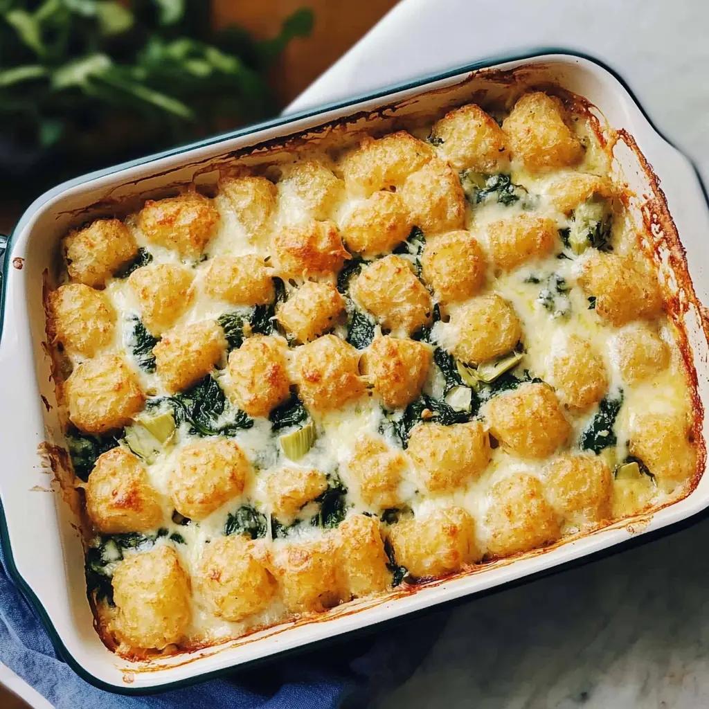 Get ready to enjoy a cheesy and flavorful treat with this Spinach and Artichoke Tater Tot Casserole! Packed with creamy artichokes and fresh spinach, this dish is perfect for family gatherings or a cozy night in. It's a fun twist on a classic favorite that will please both kids and adults. Don’t forget to save this recipe to make it for your next get-together!