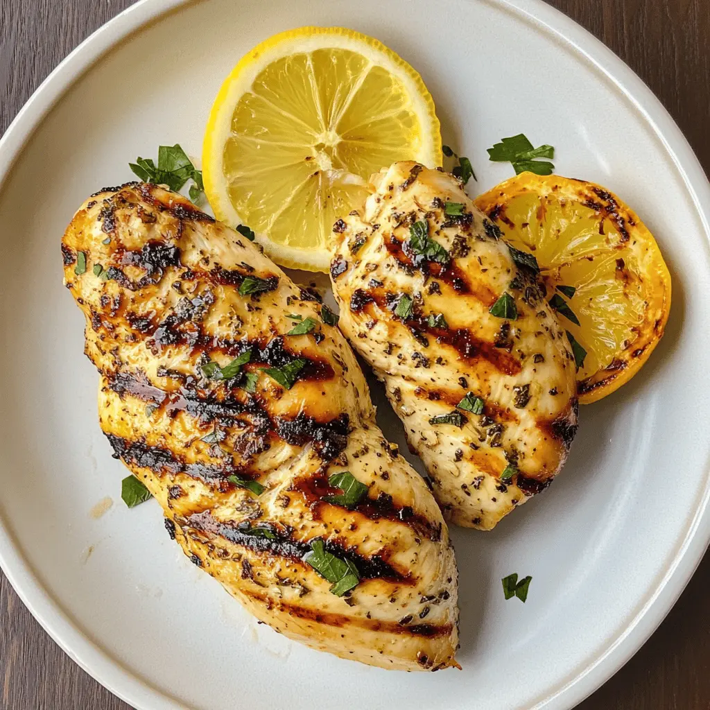 Juicy grilled chicken breasts infused with zesty lemon and aromatic garlic will become your go-to dish! Perfectly seasoned and quick to prepare, this recipe is ideal for busy weeknights or weekend gatherings. Save this flavorful, healthy option for easy meal planning or summer barbecues that everyone will love!