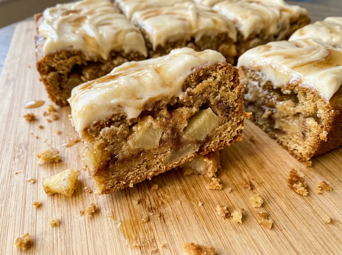 Apple cinnamon blondies with maple cream cheese frosting, golden edges