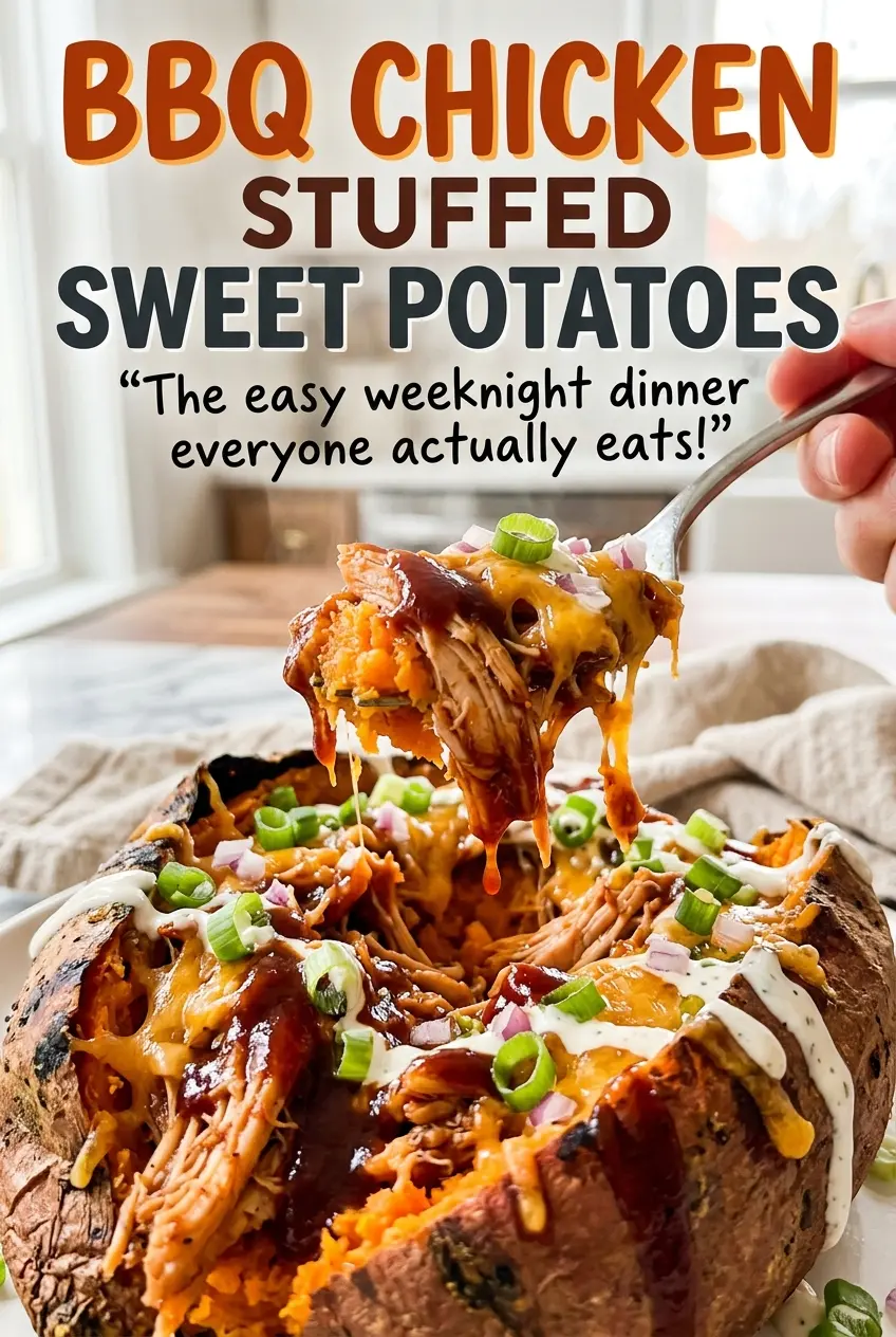 BBQ Chicken Stuffed Sweet Potatoes with cheesy golden tops