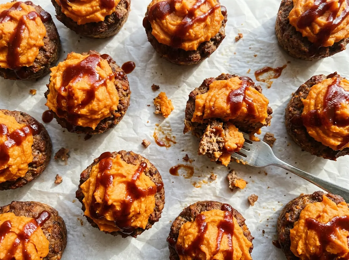 BBQ Meatloaf Muffins with Sweet Potato Topping, glossy and golden