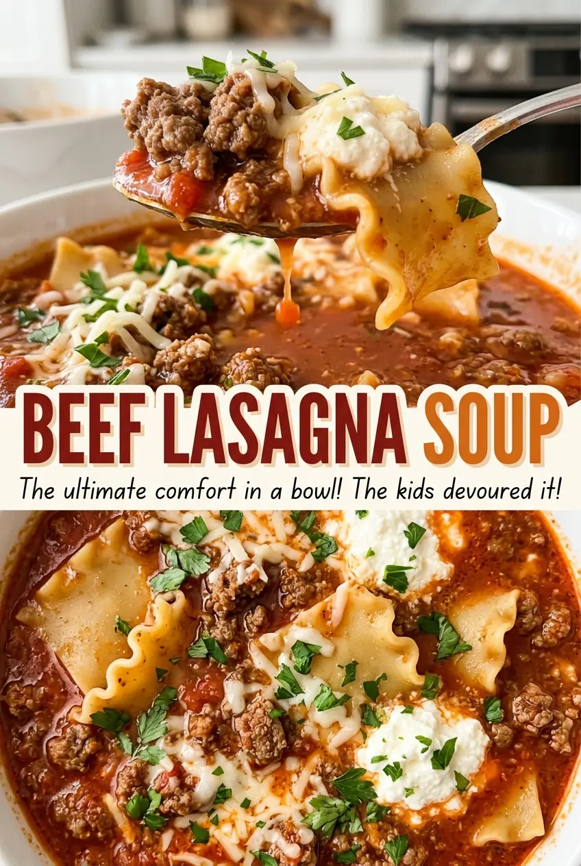 Beef Lasagna Soup with tomato broth