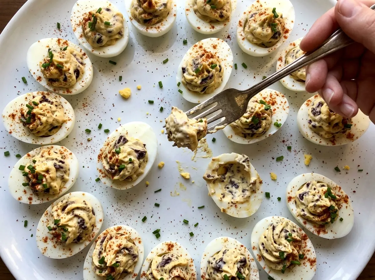 Black Garlic Deviled Eggs paprika-dusted creamy