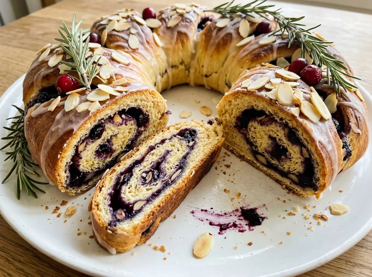 Blueberry Almond Christmas Bread Wreath golden braided crust