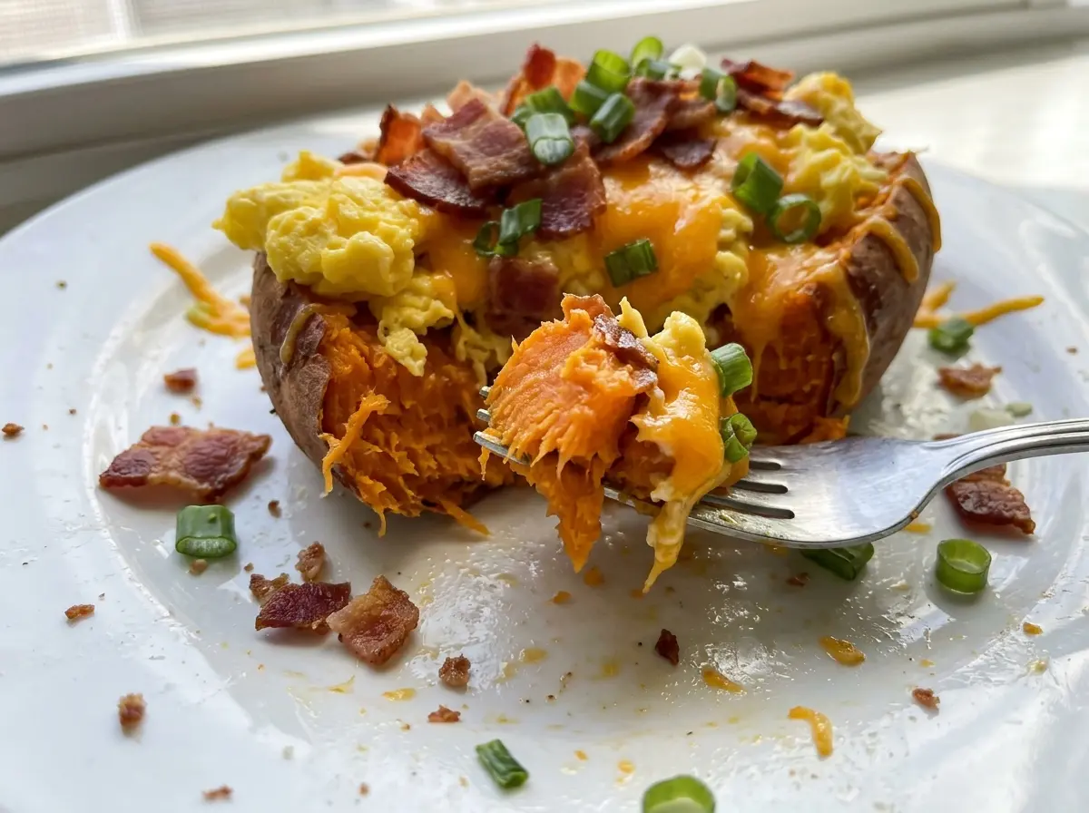 Breakfast Sweet Potato browned egg-topped hash