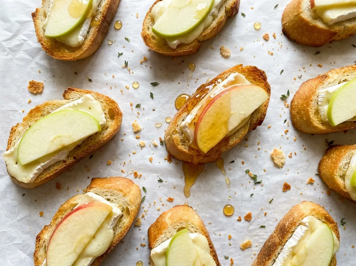 Brie Apple and Honey Crostini with crisp golden toasts