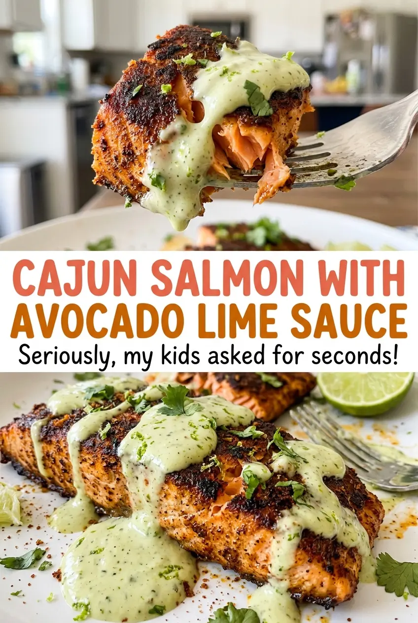 Cajun salmon with avocado lime sauce, seared and creamy