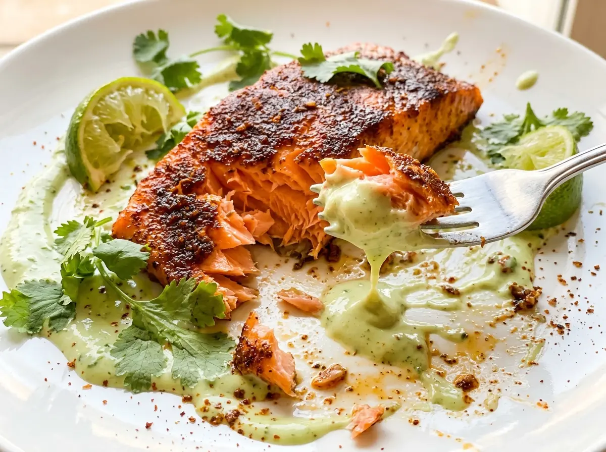 Cajun salmon with avocado lime sauce, seared and creamy