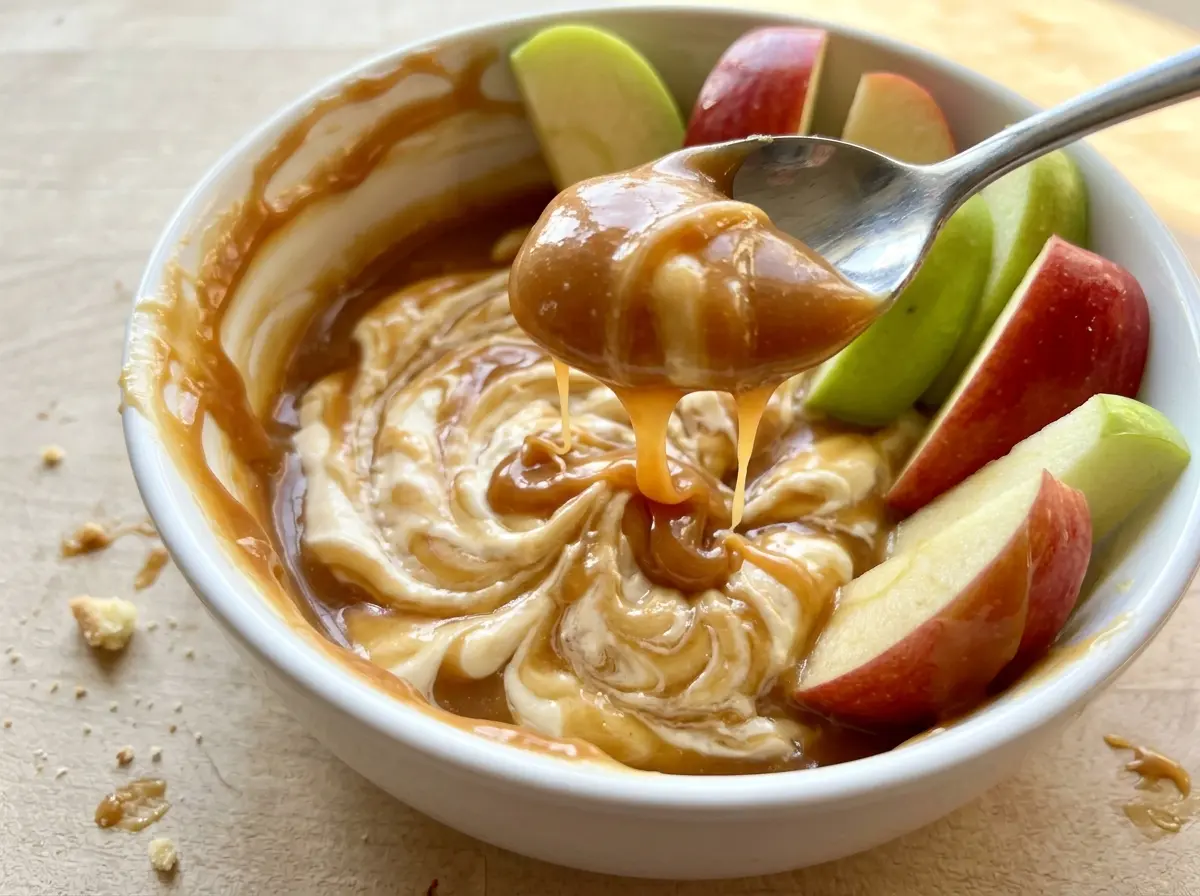 Caramel Apple Dip with creamy toffee topping