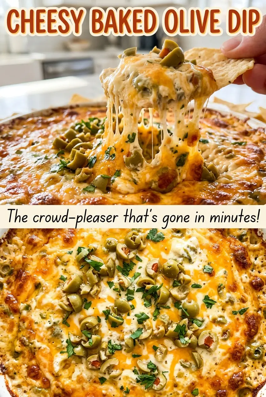 Cheesy Baked Olive Dip with olives and melted cheddar