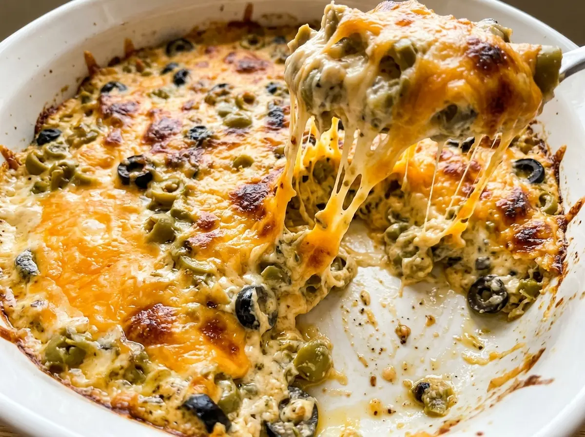 Cheesy Baked Olive Dip with creamy, bubbly edges