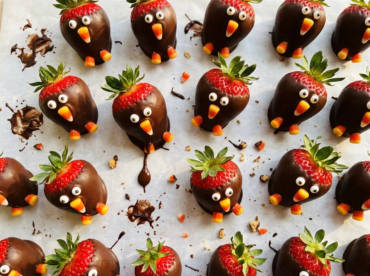 Chocolate Covered Strawberry Turkeys with glossy chocolate coating