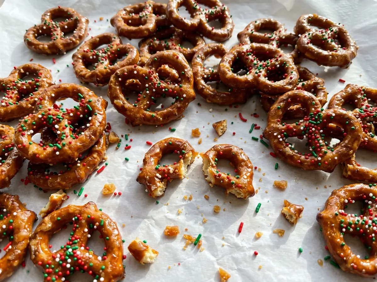 Christmas Butter Toffee Pretzels with glossy chocolate and festive sprinkles