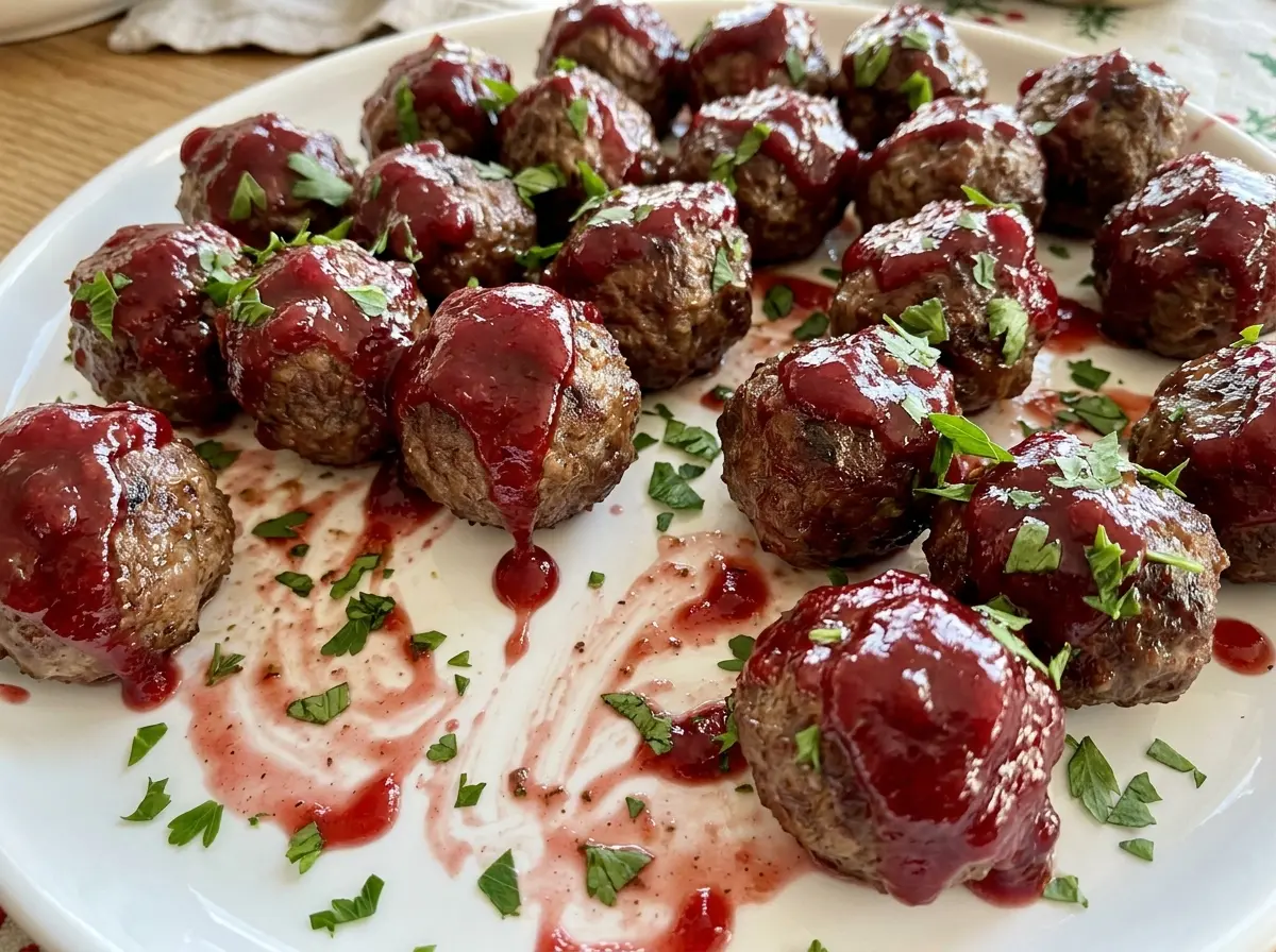 Christmas Meatballs glossy cranberry sauce