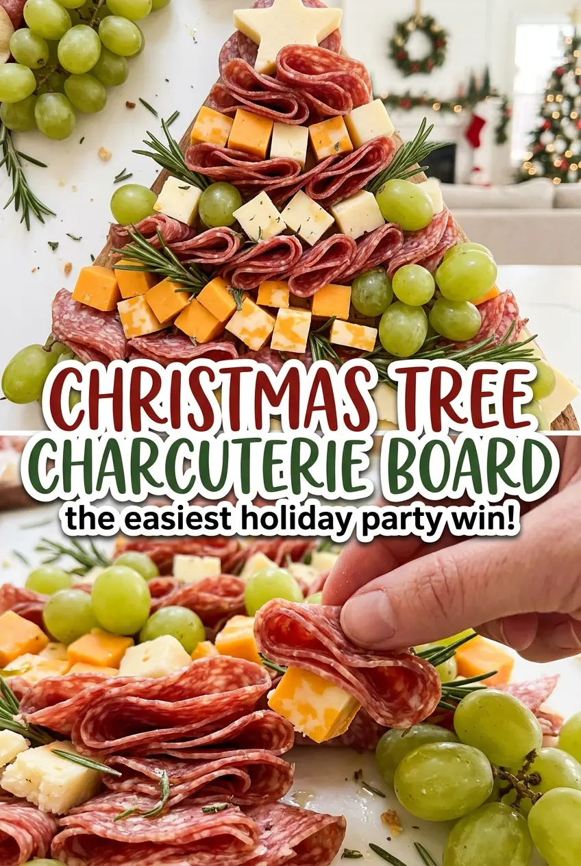 Christmas Tree Charcuterie Board with colorful cheese ornaments