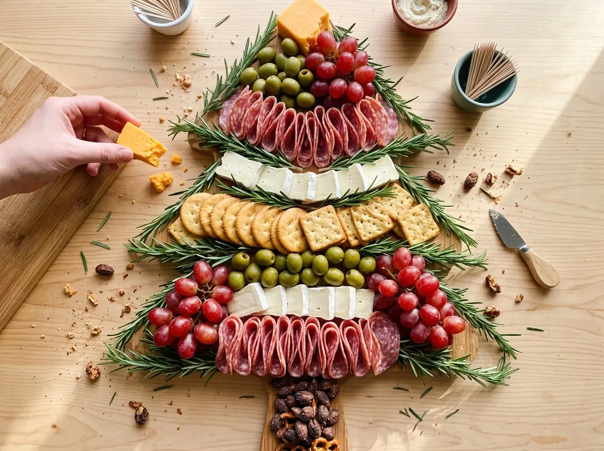 Christmas Tree Charcuterie Board with layered savory rows