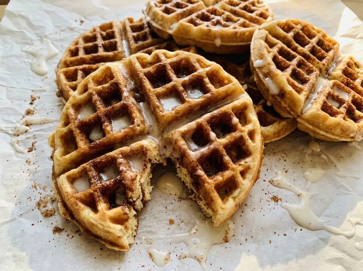 Cinnamon Roll Waffles golden round iced
