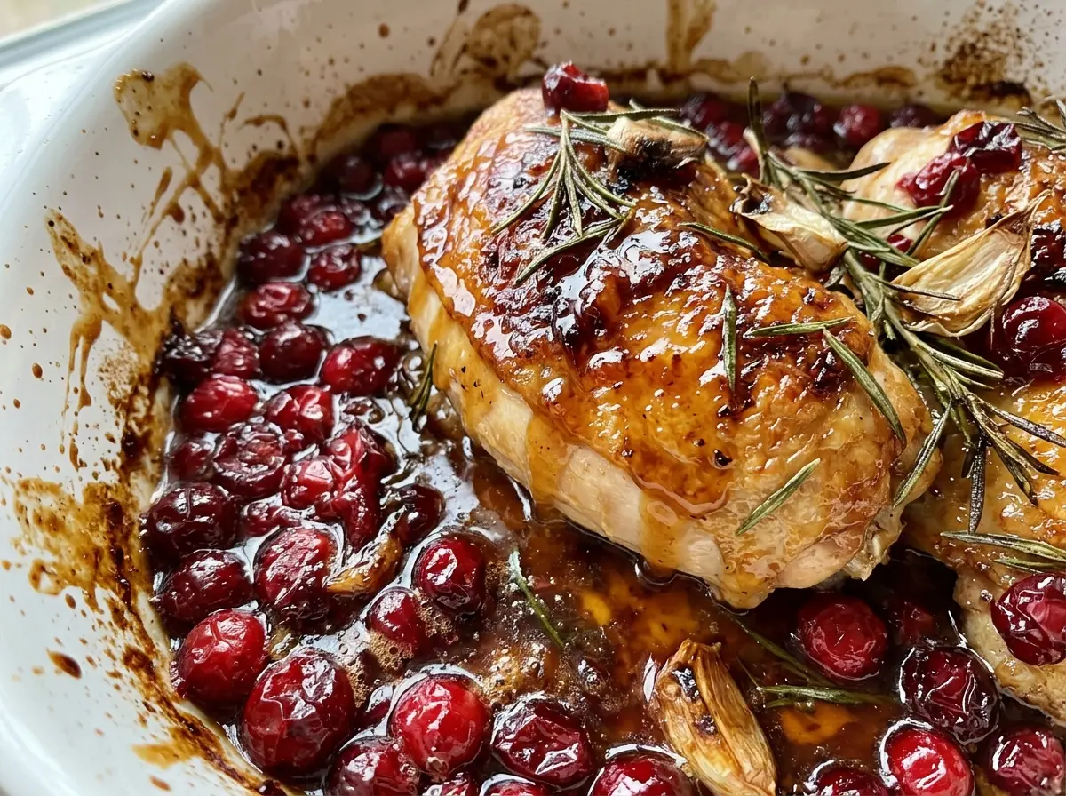 Cranberry Maple Roast Chicken with glossy cranberry glaze