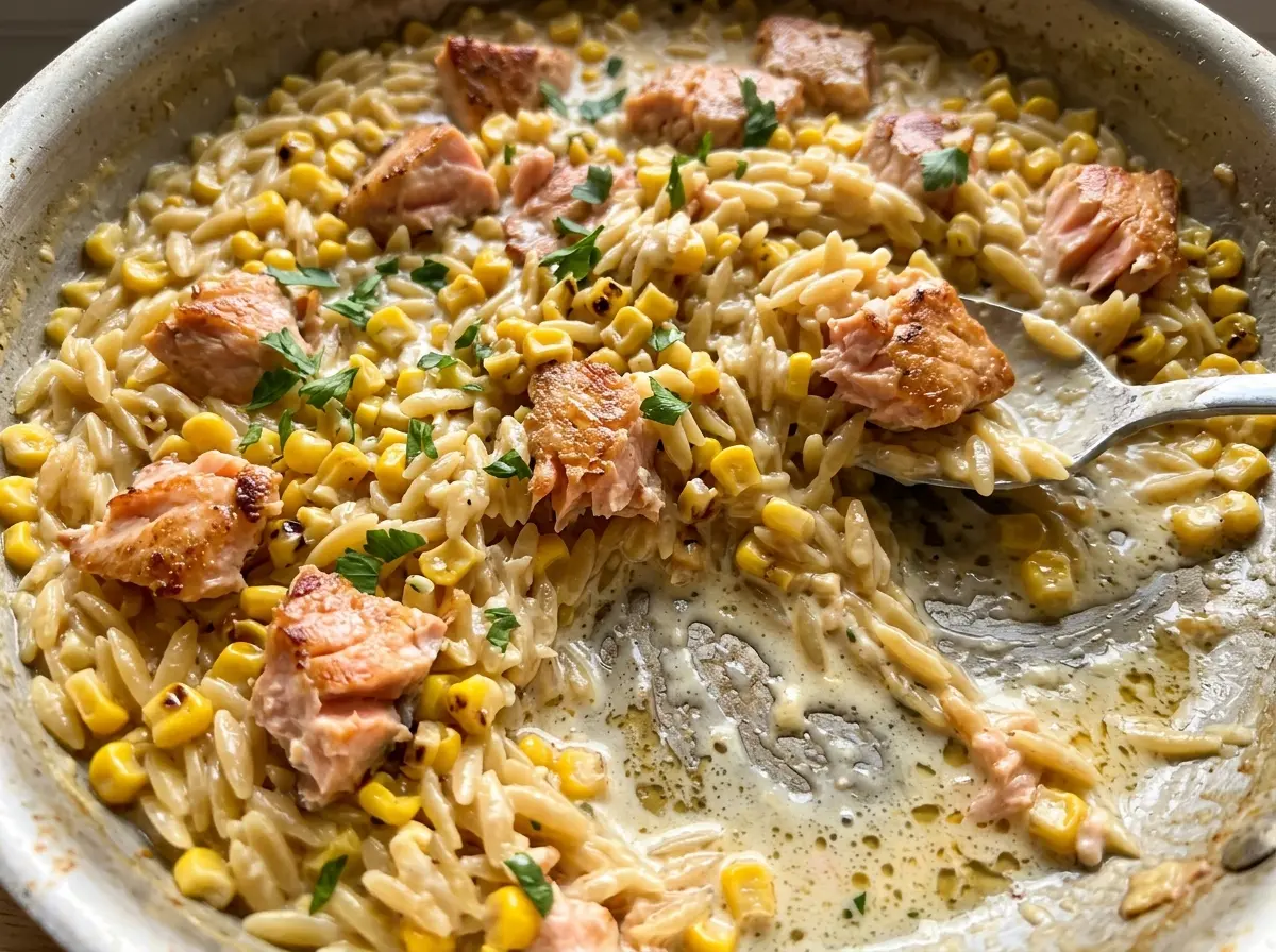 Creamed corn orzo with salmon, creamy skillet bowl