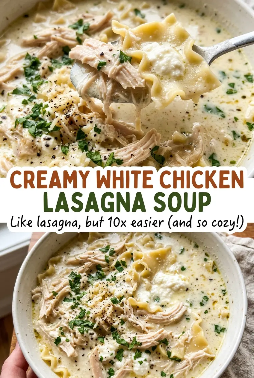 Creamy White Chicken Lasagna Soup with spinach and Parmesan