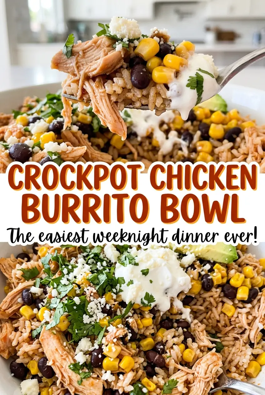 Crockpot Chicken Burrito Bowl with rice and avocado