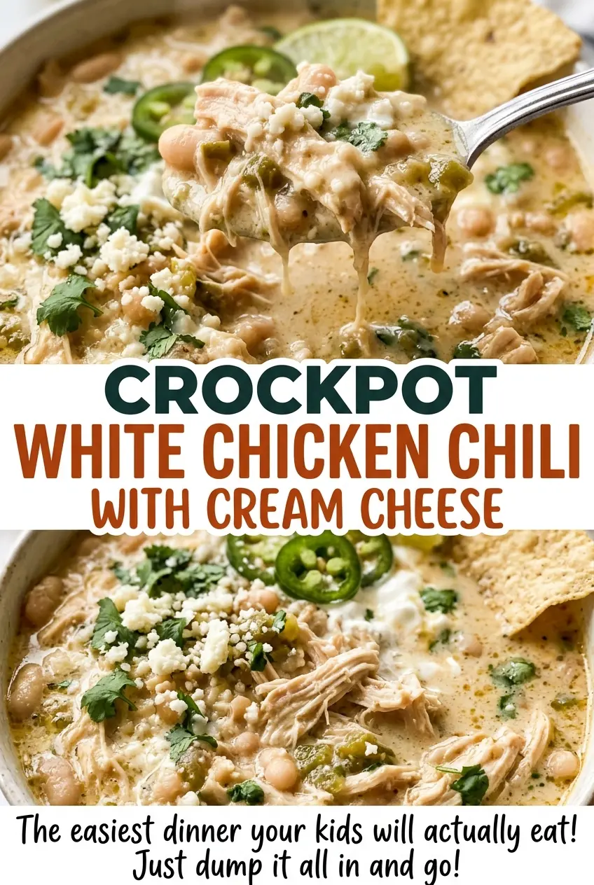 Crockpot White Chicken Chili with Cream Cheese, tender and creamy