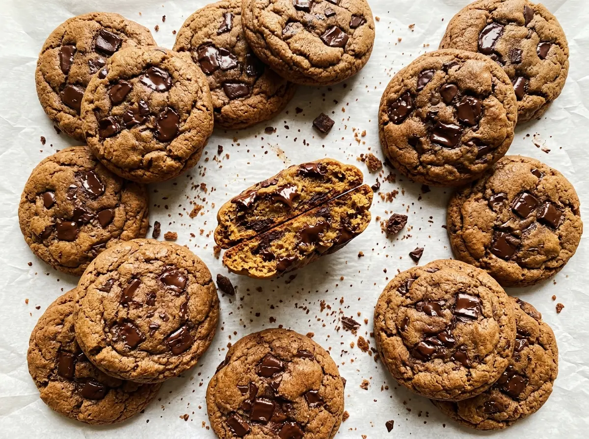 Dark Chocolate Brown Sugar Cookies with glossy chocolate chunks
