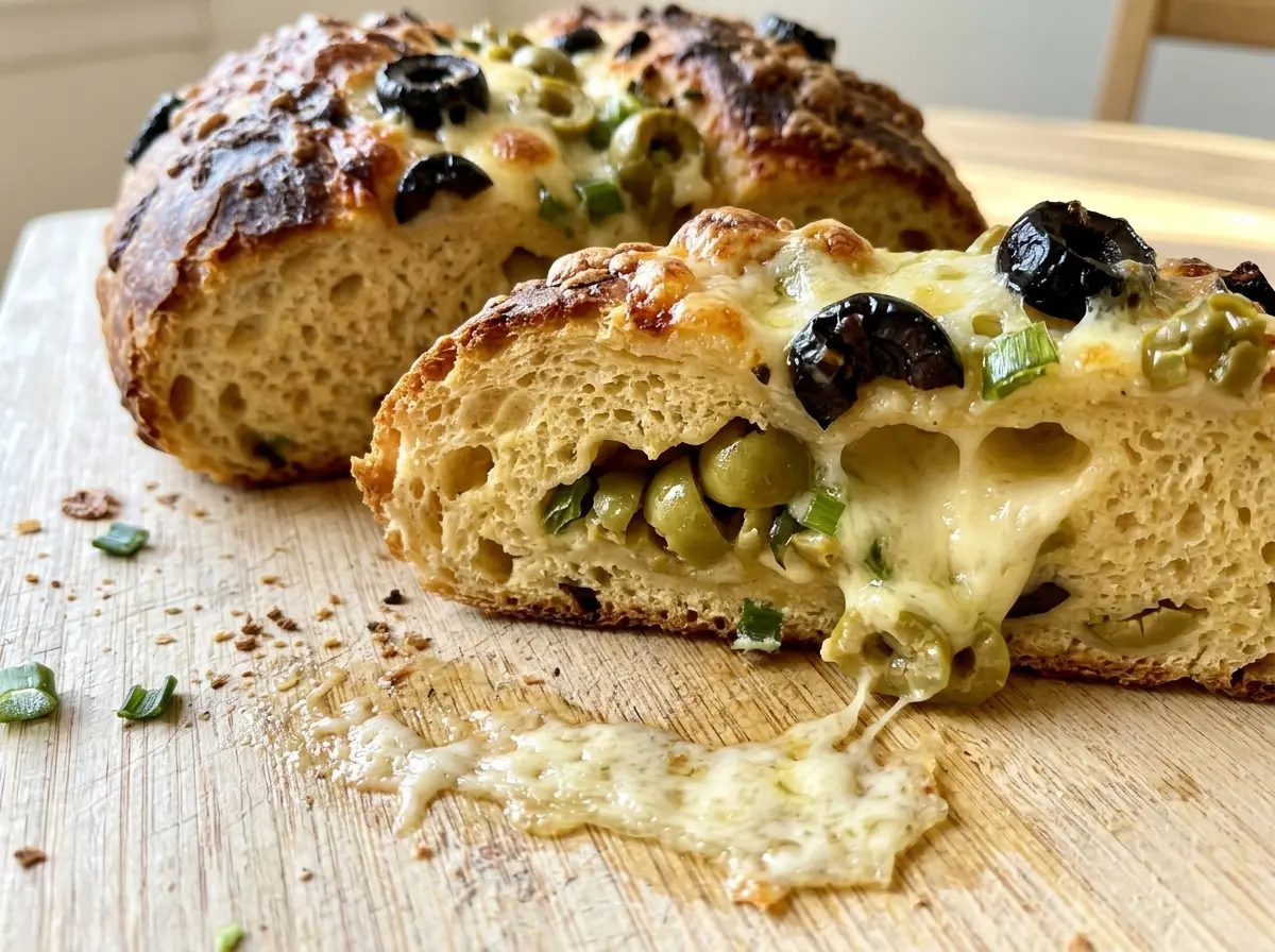 Easy Olive Cheese Bread bubbly golden topping