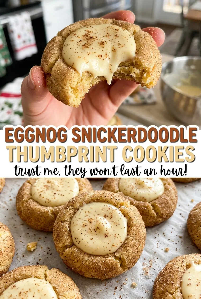 Eggnog Snickerdoodle Thumbprint Cookies with creamy eggnog centers