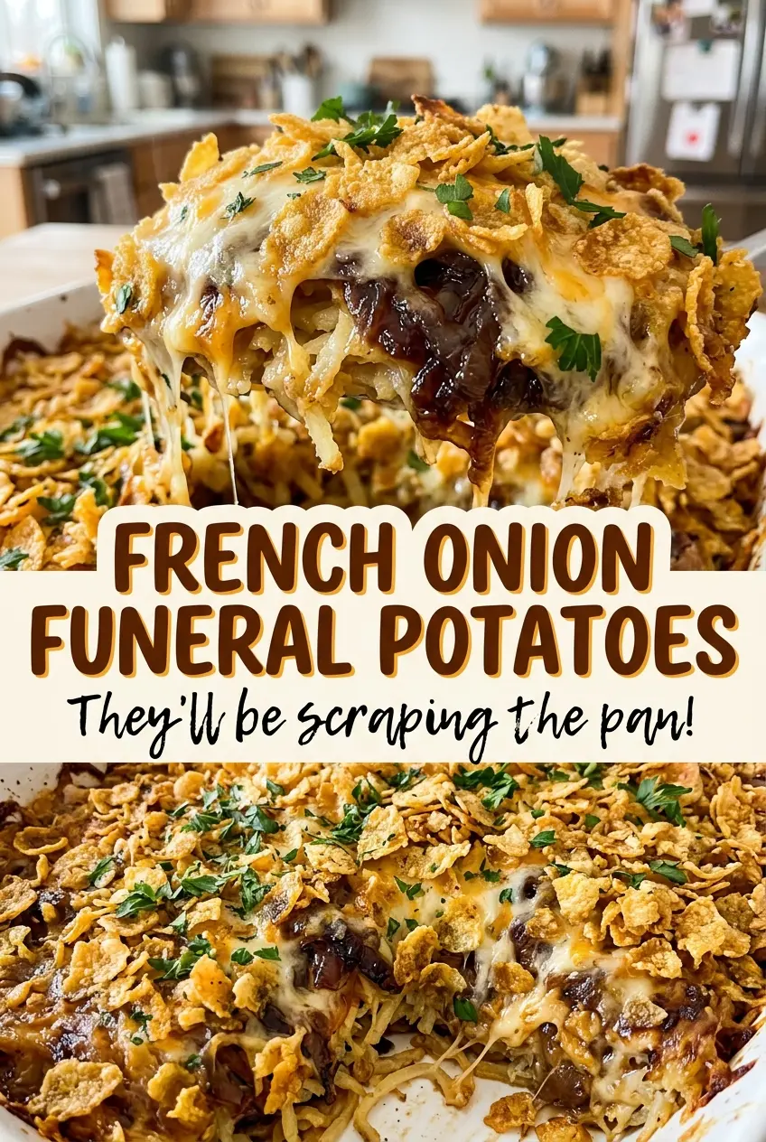 French Onion Funeral Potatoes creamy golden topping