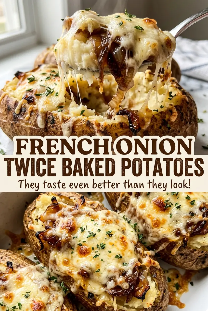 French Onion Twice Baked Potatoes with browned cheese tops