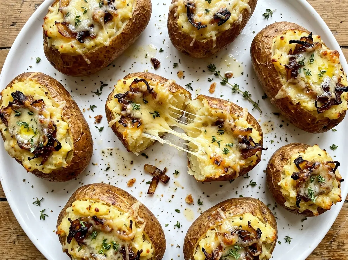 French Onion Twice Baked Potatoes with golden cheesy tops