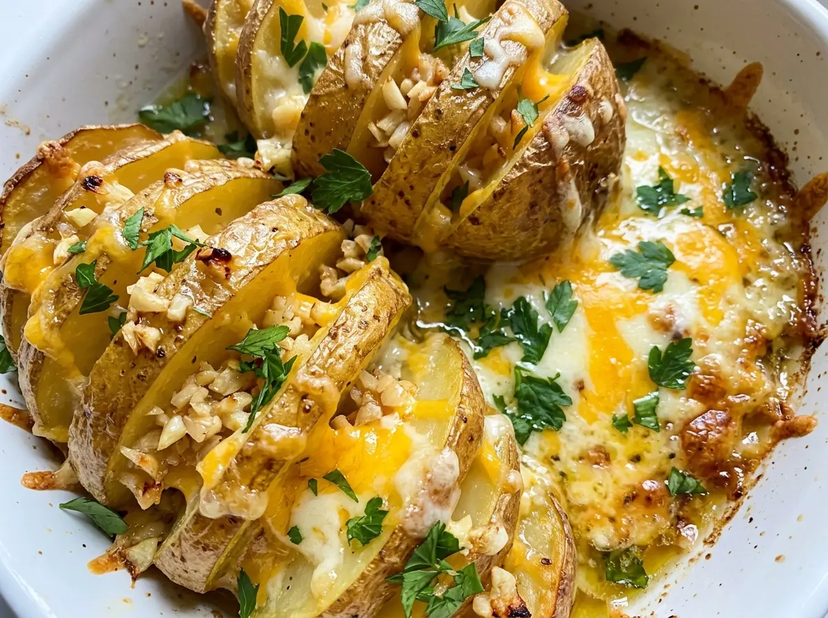 Garlic and Cheese Crosscut Baked Potatoes golden cheesy tops