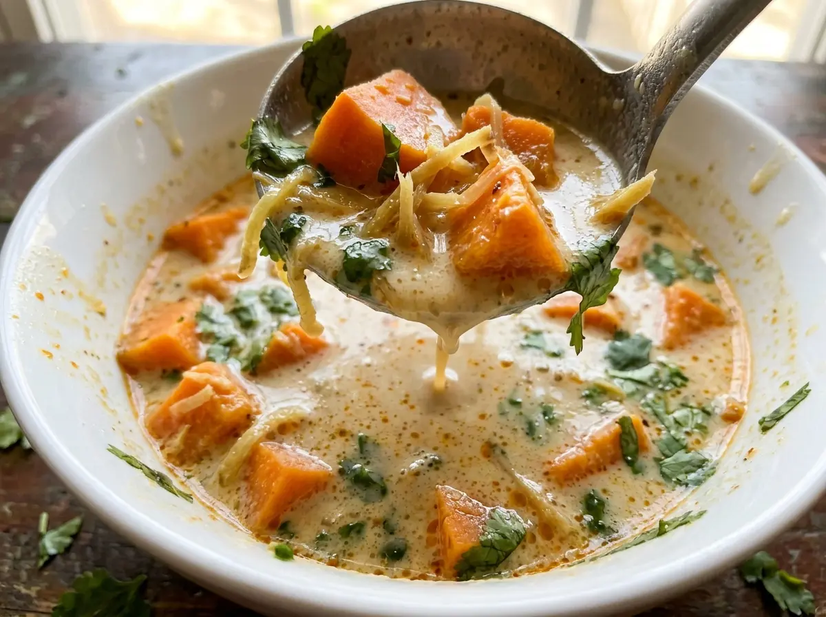 Ginger Sweet Potato Coconut Milk Stew with creamy golden broth