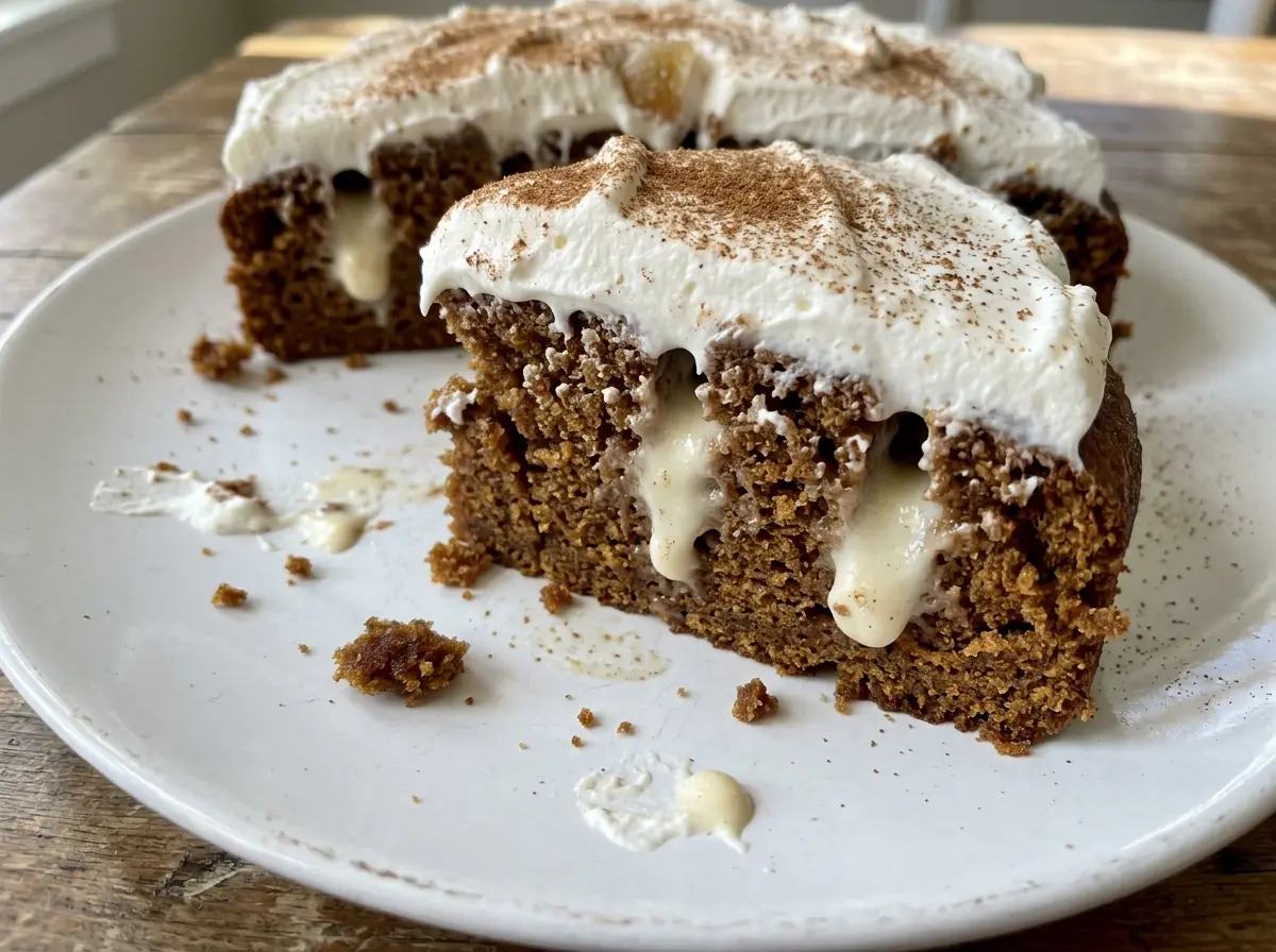 Gingerbread Poke Cake caramel-soaked creamy topping