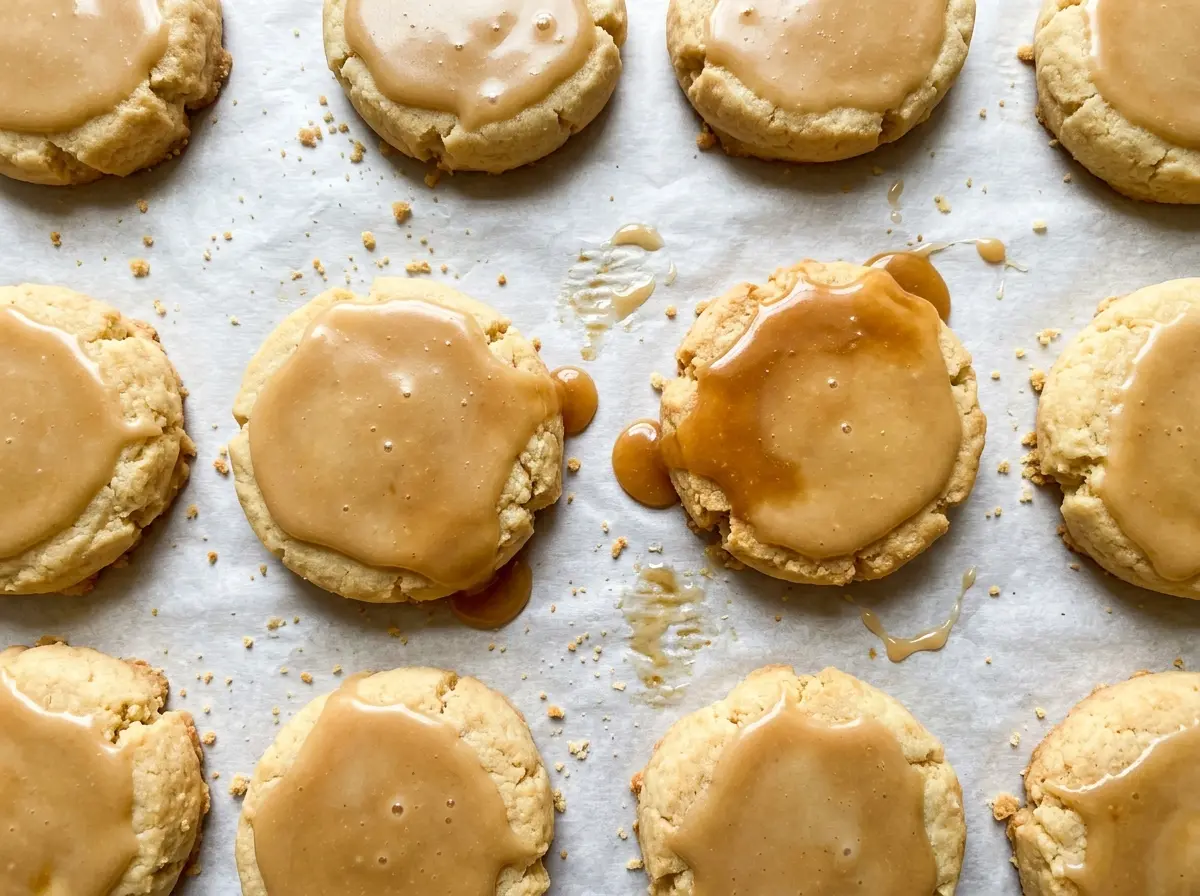Glazed Maple Shortbread Cookies with golden edges