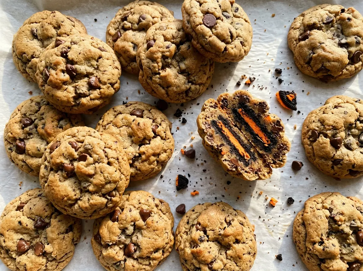 Halloween Oreo Stuffed Chocolate Chip Cookies golden edges