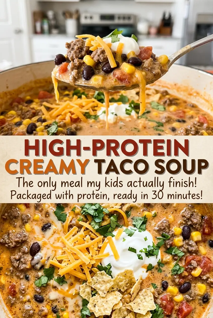 High-Protein Creamy Taco Soup with beef and beans