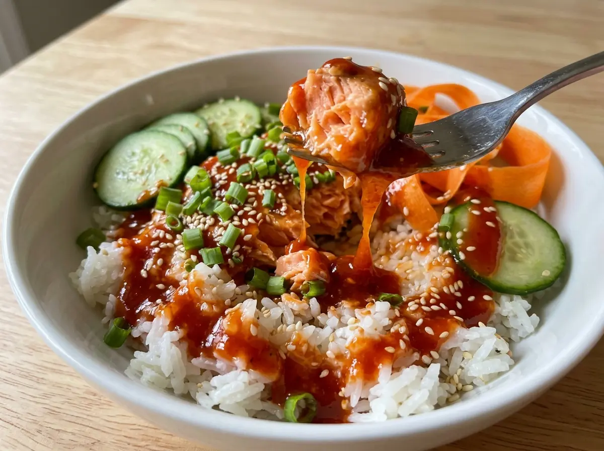Honey Sriracha Salmon Bowls glossy glazed salmon