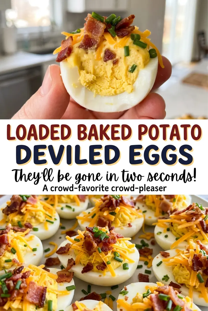 Loaded Baked Potato Deviled Eggs creamy bacon topping