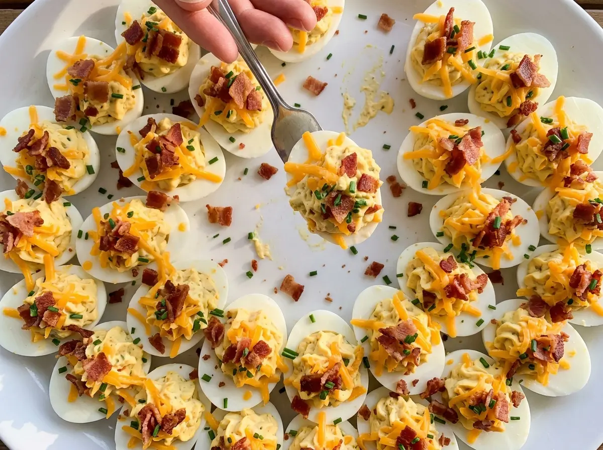 Loaded Baked Potato Deviled Eggs bacon cheddar