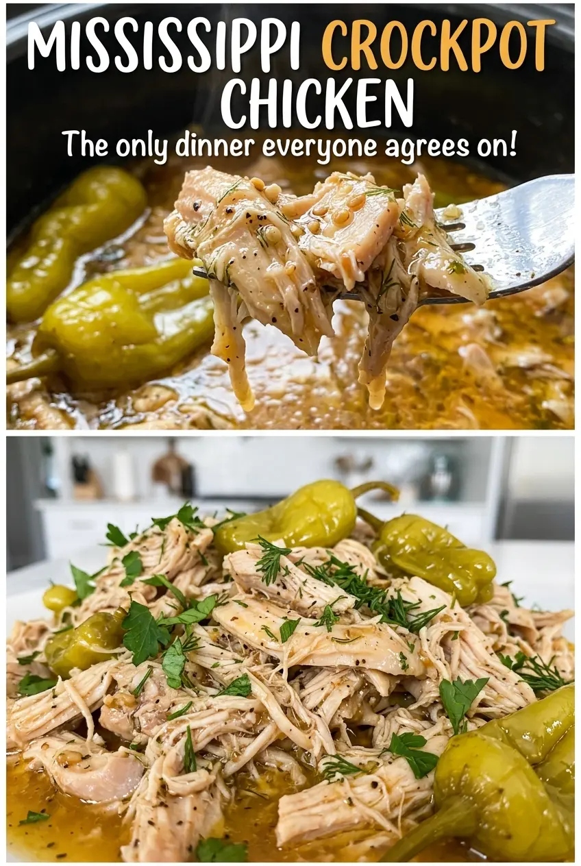 Mississippi Crockpot Chicken savory shredded pepperoncini