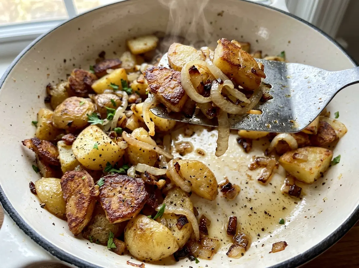 Pan Fried Potatoes and Onions, tender golden slices