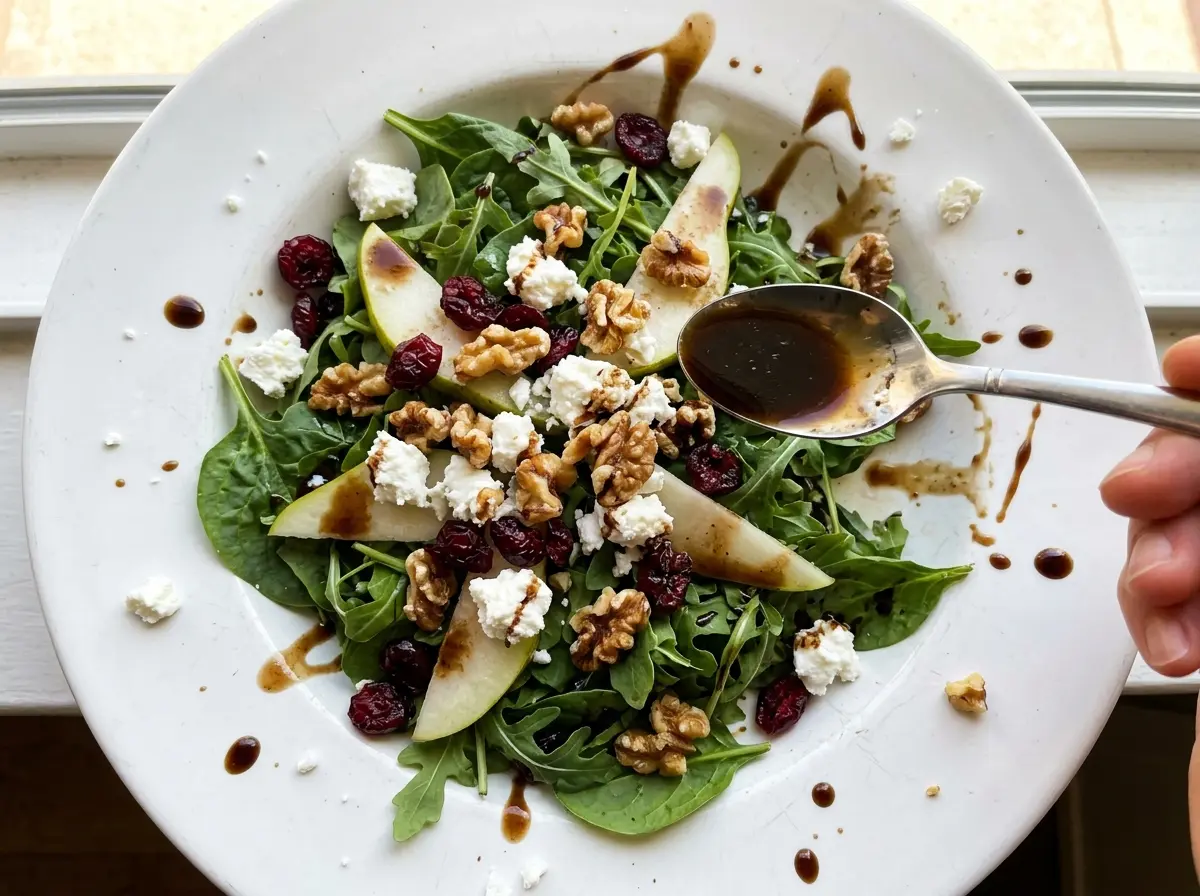 Pear Salad with Balsamic Vinaigrette with crisp pears and toasted walnuts